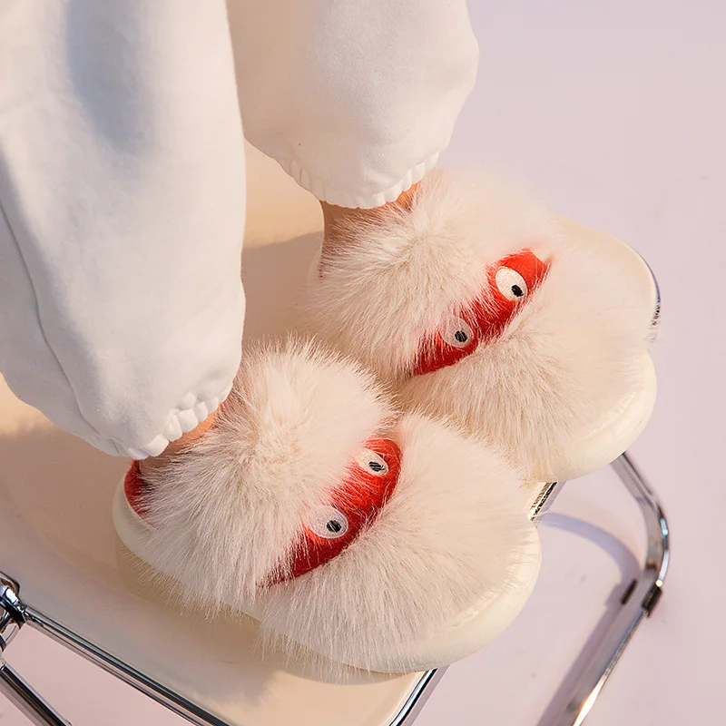Women Fur Slippers Winter Warm Shoes For Women 3.5cm Heel Platform Shoes Cute Cartoon Plush Home Slippers Indoor Fluffy Slippers