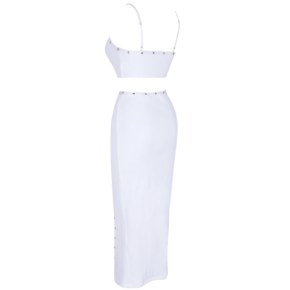 Billige Ocstrade 2019 Neue Sommer Weiß Strap Sleeveless 2 Stück Perlen Split Sexy Verband Kleid PF1203 White