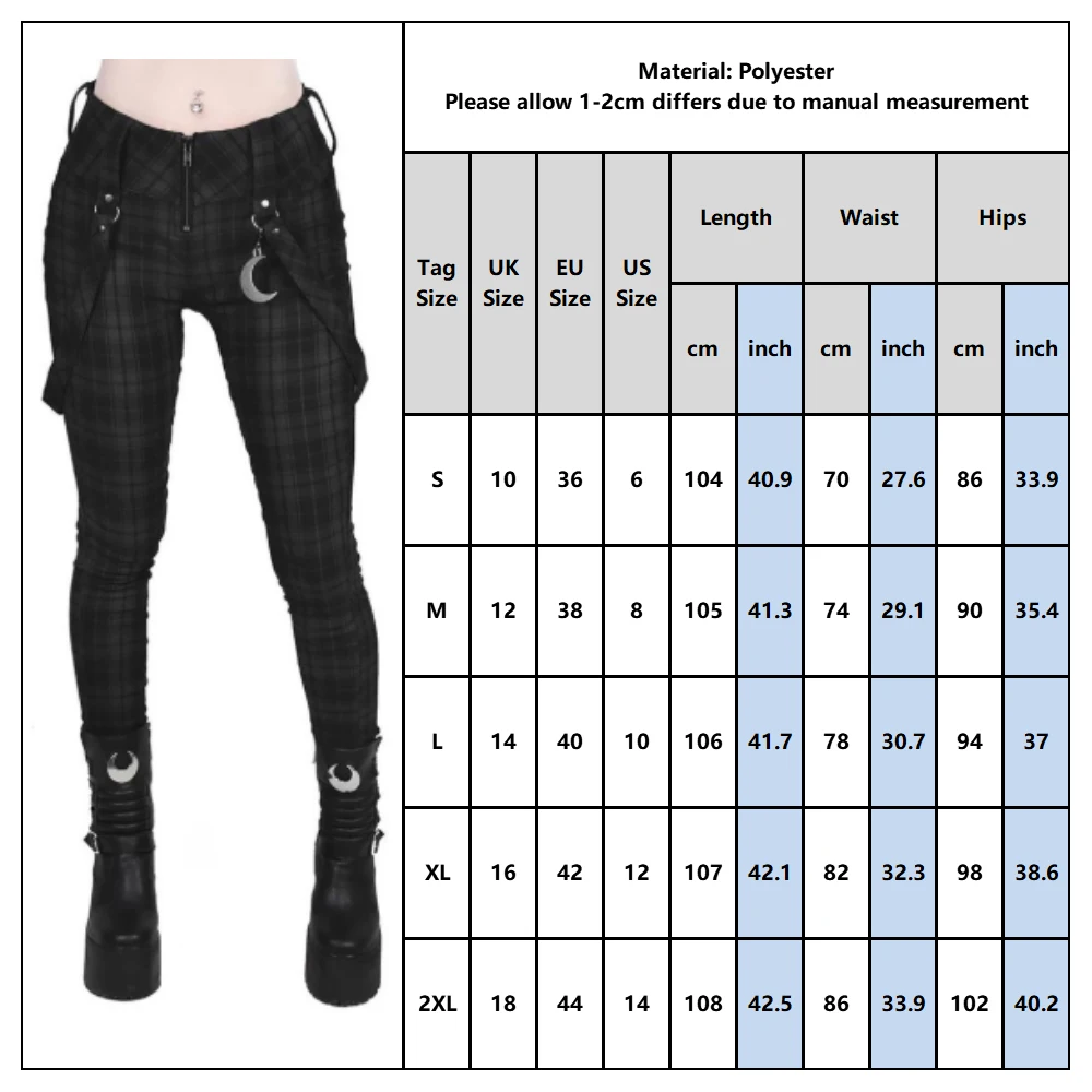 Готические брюки женские повседневные на молнии уличные клетчатые облегающие брюки модные хип хоп женские длинные брюки Харадзюку обтягивающие брюки D30