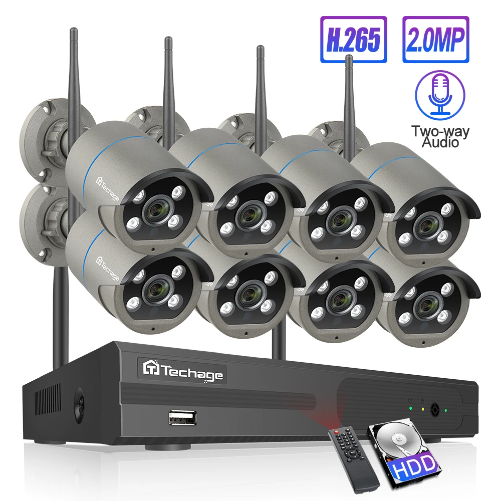 Techage 8CH 1080P Drahtlose Kamera NVR System 4 Array LED 2MP Wifi 2-Weg Audio Sound Video Im Freien CCTV Sicherheit Überwachung Kit Techage 8CH 1080P Drahtlose Kamera NVR System 4 Array LED 2MP Wifi 2-Weg Audio Sound Video Im Freien CCTV Sicherheit Überwachung Kit
