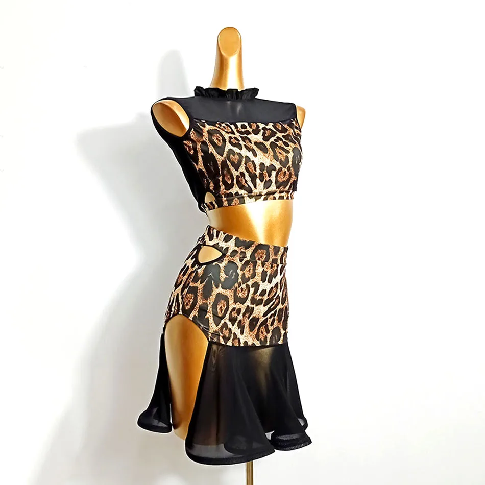 Latin Dance Dress Women DL504 Leopard Tops and Skirt Performance Costume Dancing Cloth Belly Chacha Ballroom Dresses