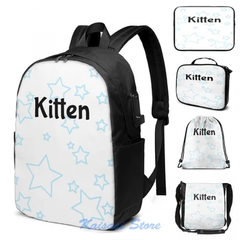 

Funny Graphic print Blue Kitten Stars USB Charge Backpack men School bags Women bag Travel laptop bag