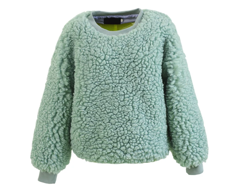 ANSFX Korea Hairy Shaggy Faux Lamb Fur Sweatshirt Long Lantern Sleeve O-Neck Pullover Coat Women Keep Warm Outerwear Top 2 Color