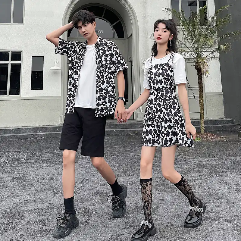 32 夏カップル花韓国語バージョン痩身ウエストドレスカップル服カップル服 Tシャツ Aliexpress
