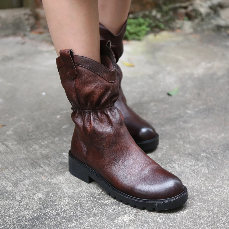 Оригинальные женские ботинки ручной работы из натуральной кожи; Средний теленок в стиле ретро с круглым носком; удобные ботинки из воловьей кожи без застежки на каблуке - Цвет: Coffee