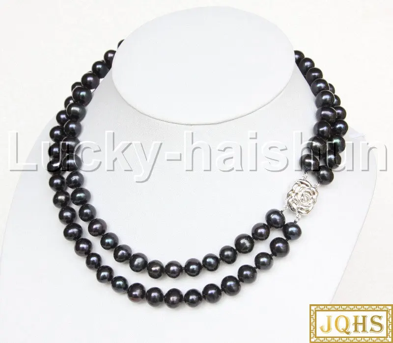 

JQHS Luster 17" 2row 10mm Round Black Freshwater Pearls Necklace 18KGP Clasp J12493 Necklaces