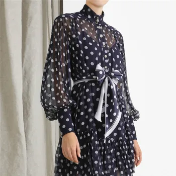

TVVOVVIN Polka Dot Stand Lantern Long Sleeve Single Breasted Belt Woman Chiffon Dress Casual Simple Fashion 2019 Autumn New X234