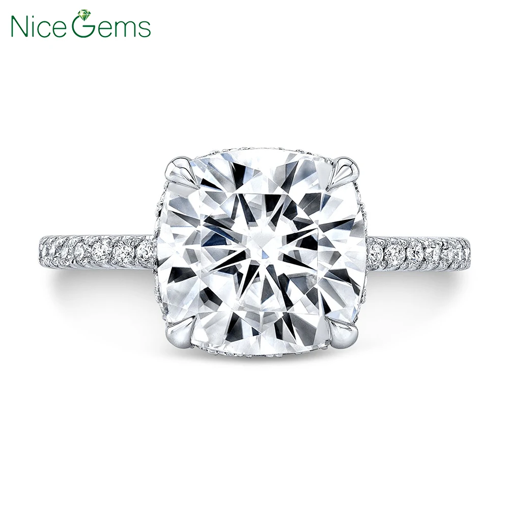 NiceGems 14 к белое золото 4.5ct 10 мм Подушка огранка FG цвет Муассанит двойной Невидимый