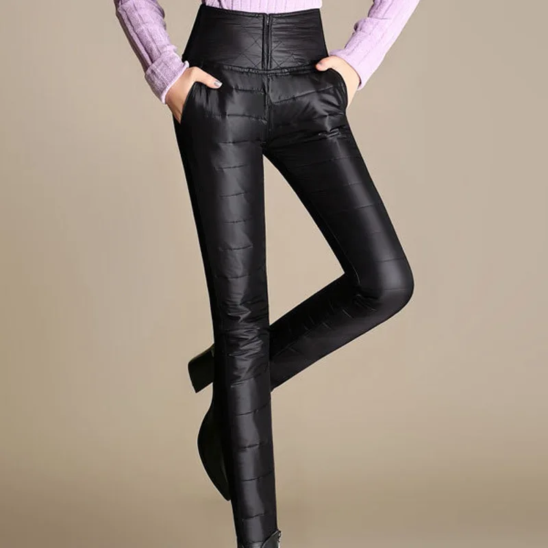 Большие размеры, S-6XL, женские брюки, зимняя верхняя одежда с высокой талией, женские модные теплые плотные узкие брюки-скинни на утином пуху
