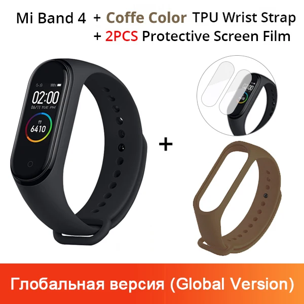 Xiaomi mi-браслет 4 смарт-браслет 3 AMOLED цветной экран mi Band 4 пульсометр фитнес Bluetooth Спорт 50 атм водонепроницаемый смарт-браслет - Цвет: Add Coffe Strap