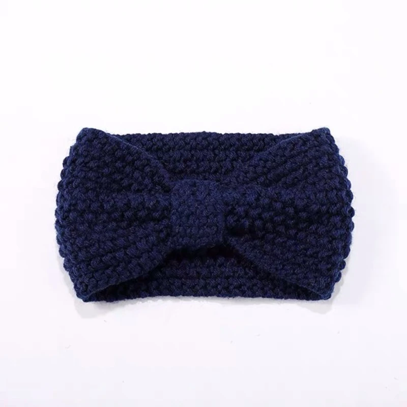 dark blue Зимняя теплая повязка на голову с бантом для женщин вязаная головная повязка для волос широкий эластичный тюрбаны головной убор - Цвет: dark blue