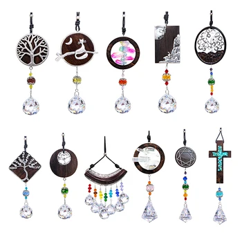 

H&D 11 Styles Handmade Woodgrain Sandalwood Suncatcher Rainbow Maker Crystal Prisms Drops Window Hanging Ornament Car Charms