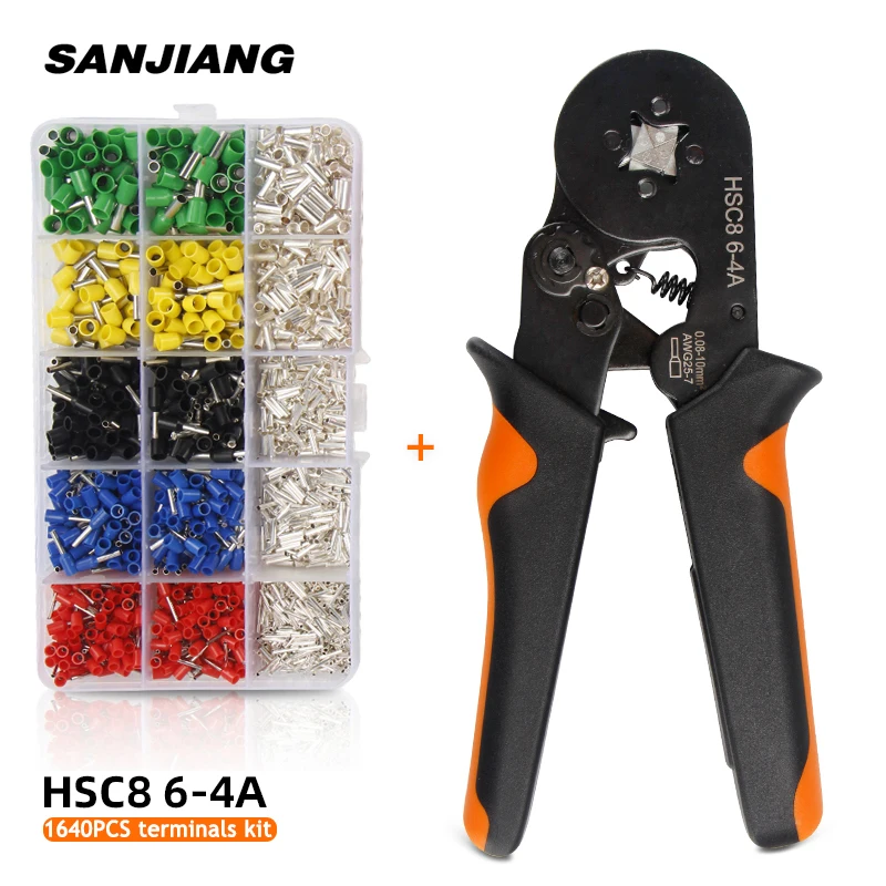 HSC8 6-4 0.08-10mm² tubular crimping plier 1640pcs terminal crimper tool kit mini electrical plier precision clamp Wire stripper