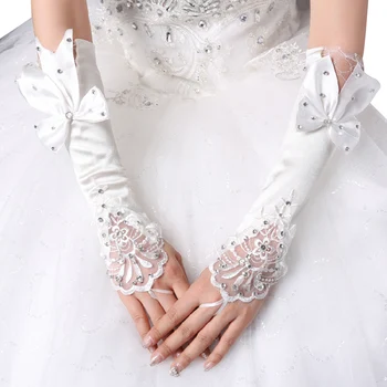 

Women Long Gloves Fingerless Floral Lace Patchwork Mittens Glitter Rhinestone Big Bowknot Elbow Length