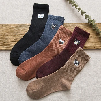 

Cute Embroidered Cat Dog Cotton Socks For Women Lovely Kitty Head Cartoon Sock Fashion Solid Color Ladies Winter Socks
