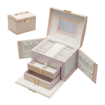 

Jewelry Box Large Capacity Earrings Necklace with Mirror Watch Jewelry Inlaid Storage Box Pink