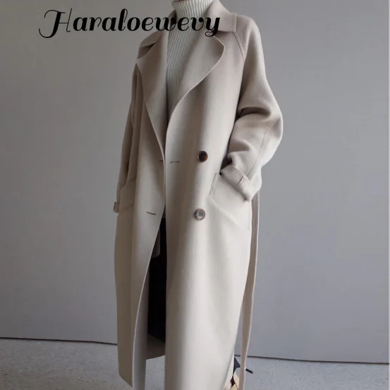 Solid Loose Women Long Cashmer Coat Fashion Casual Warm Women's Woolen Jacket Double Breasted White Coat and Jacket