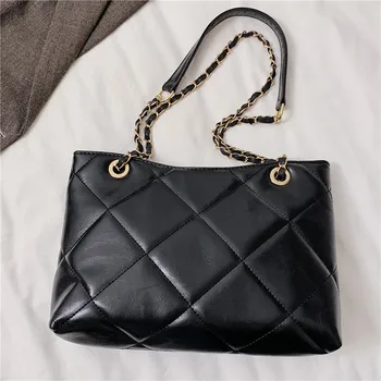 

Black Rhombus Pattern Women Tote Shoulder Bag Large Luxury Leather Female Crossbody Bag Portable Chain Lady Handbags Sacs Cabas