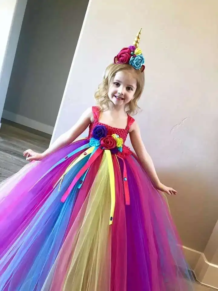 

Girls Rainbow Unicorn Flower Tutu Dress Kids Crochet Tulle Ribbon Dress Ball Gown with Hairbow Children Party Costume Dresses