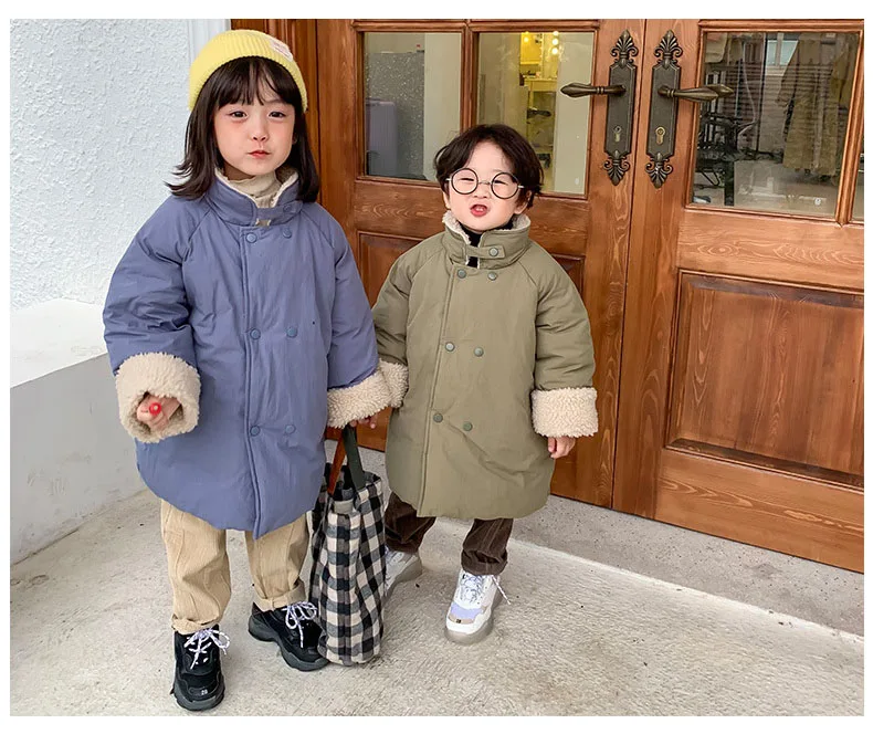 Винтажная двубортная длинная куртка с флисовым воротником для девочек от 3 до 9 лет, Шикарная парка Детская уличная зимняя бежевая верхняя одежда, пальто для мальчиков