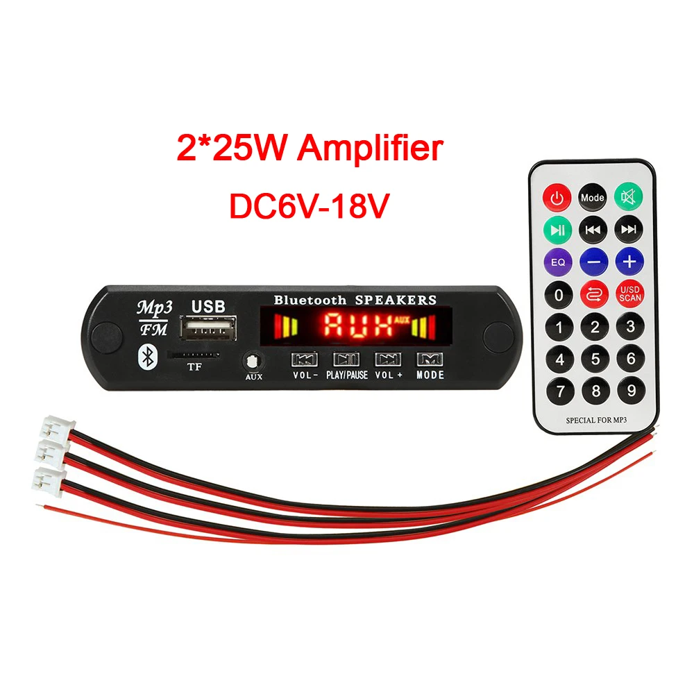 Amplificador con Bluetooth 5,0 para coche, reproductor MP3, módulo de grabación USB, Radio FM AUX para altavoz, manos libres, CC 6V 18V 50W, placa decodificadora de MP3