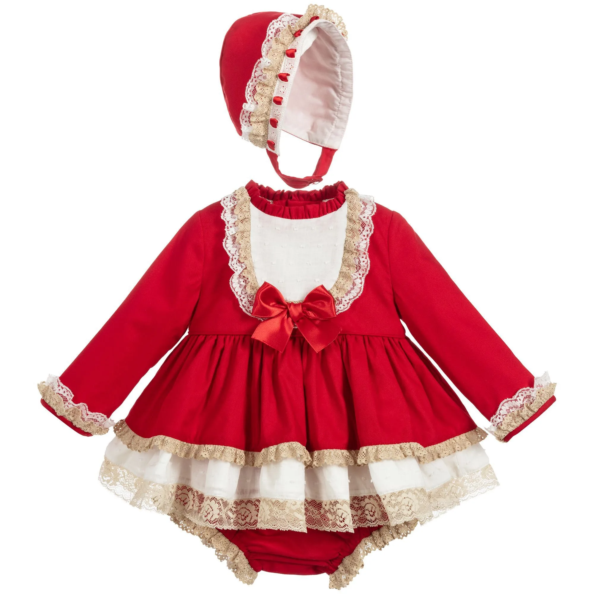 

3 PCS Red Autumn Winter Baby Girl Vintage Spanish Dress Ball Princess Dress Christmas Party Dress