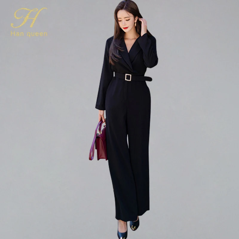 

H Han Queen 2019 Autumn Elegant Notched Neck Suits Jumpsuits Women 2019 Autumn Belt Wide Leg Long Playsuits OL Work Wear Rompers
