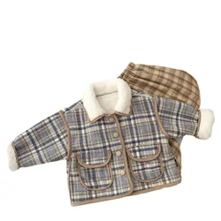 Vêtements d'hiver pour nouveau né, ensemble chaud matelassé à carreaux à manches longues, à revers, à la mode, pour garçons et filles 
