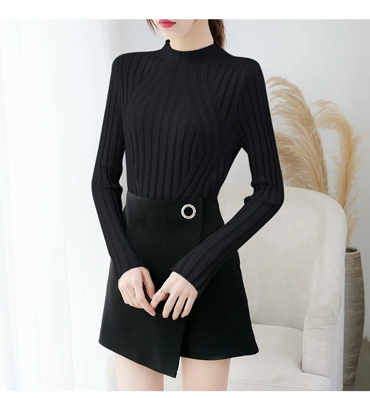 Pull Femme, новинка, пуловер с длинным рукавом, однотонный джемпер, вязаный свитер, Женский Повседневный тонкий свитер с высоким воротом, женская зимняя одежда, 6999 50