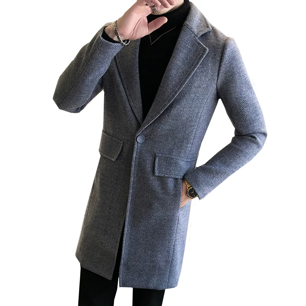 navy blue Новинка, модная мужская Высококачественная кашемировая однотонная Длинная шерстяная ткань, пальто, мужской комфортный для свободного дыхания Тренч - Цвет: navy blue