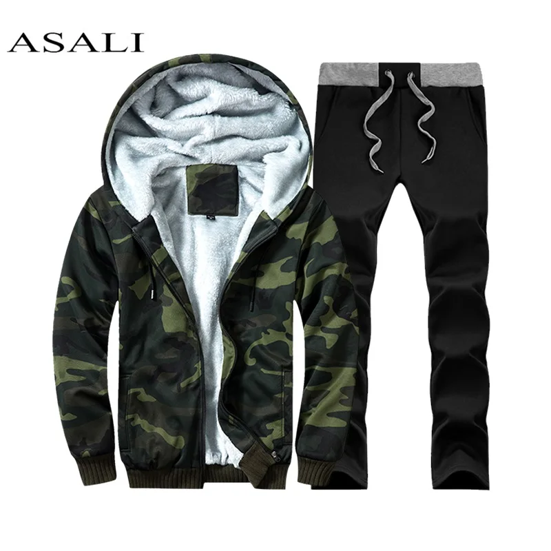 

Men Set for Winter Fleece Hoodie Sweatshirt + Pants Camouflage Male Tracksuit Sporting Sweat Suits Jacket Cotton Mens Sportswear