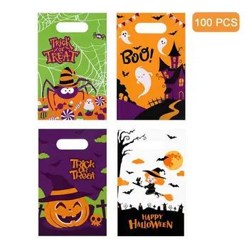 

100pcs Halloween Candy Bags Reusable 4 Patterns Gift Bags Trick or Treat Bags for Halloween