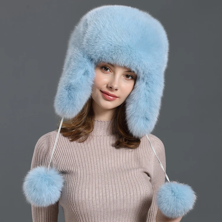 Colour 2 Женские шапки-бомберы с натуральным лисьим мехом, шапка с наушниками, шапка с помпоном, новая зимняя шапка для женщин, утолщенная подкладка из натурального меха, шапки-бомберы - Цвет: Colour 2
