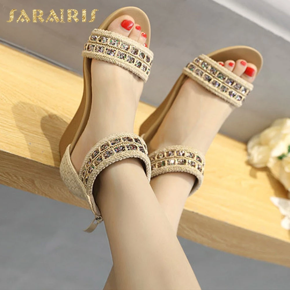 

Sarairis 2020 New Design Wedge High Heels Zipper Summer Sandals Woman Shoes Mixed Colors Crystal Casual Shoes Women Sandals