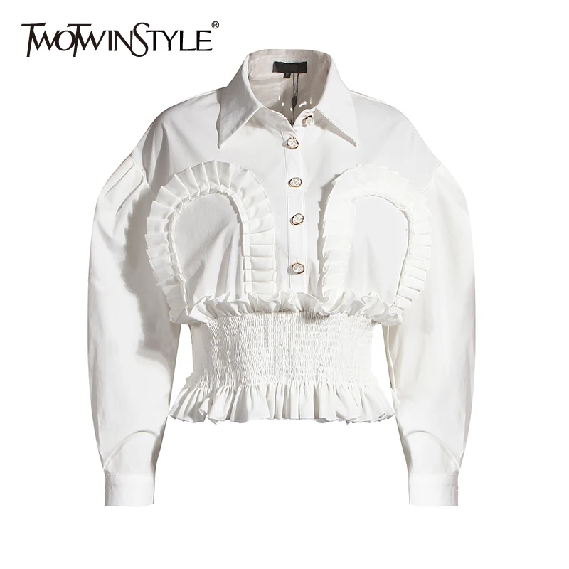

TWOTWINSTYLE Vintage Patchwork Ruched Tops For Women Lapel Puff Sleeve Tunic Elegant Shirt Femaele 2020 Autumn Fashion New Tide