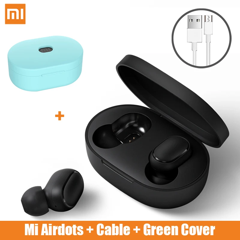 Xiaomi Redmi Airdots TWS беспроводные Bluetooth наушники стерео бас с микрофоном Handsfree Bluetooth 5,0 AI управление - Цвет: With Green Cover