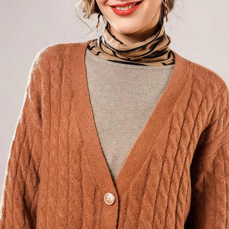 LITVRIYH Alpaca wool sweater women cardigan long sleeve V-neck female cardigan knitted women sweater long cardigan women jumper - Цвет: camelo