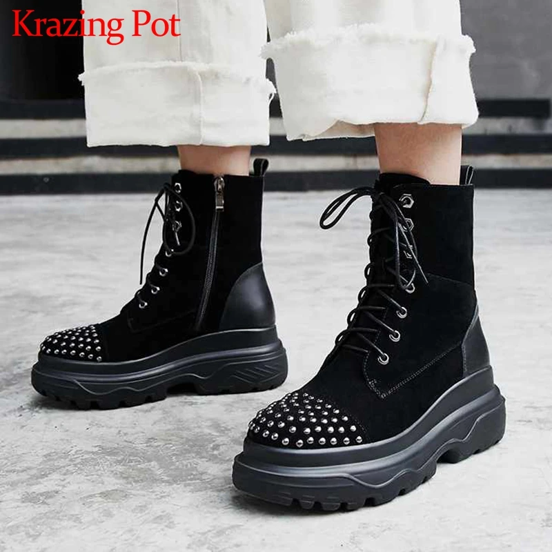 

Krazing Pot new handsome rivets genuine leather boots round toe thick bottom lace up winter keep warm women chic ankle boots L93