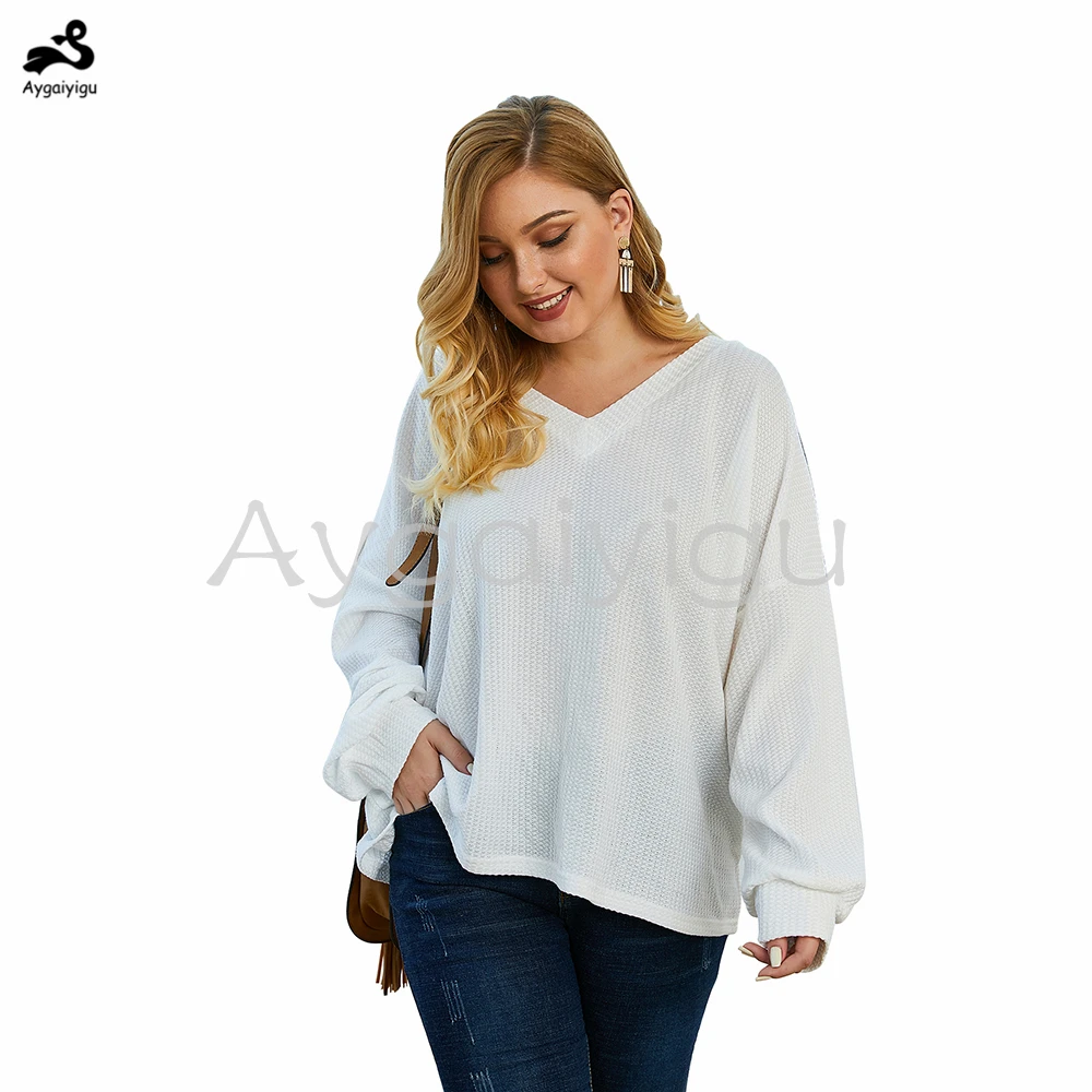 Aygaiyigu 2020 wiosna bluzki z dzianiny Plus Size panie Nadruk Litera V Rękaw 34 Casual Elegancki Bluzki