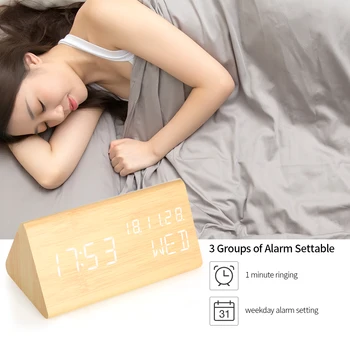 

New Wooden Table Clock LED Digital Alarm Clock USB/Battery Powered Dimmer Thermometer Table Desktop Clock with Sound Control