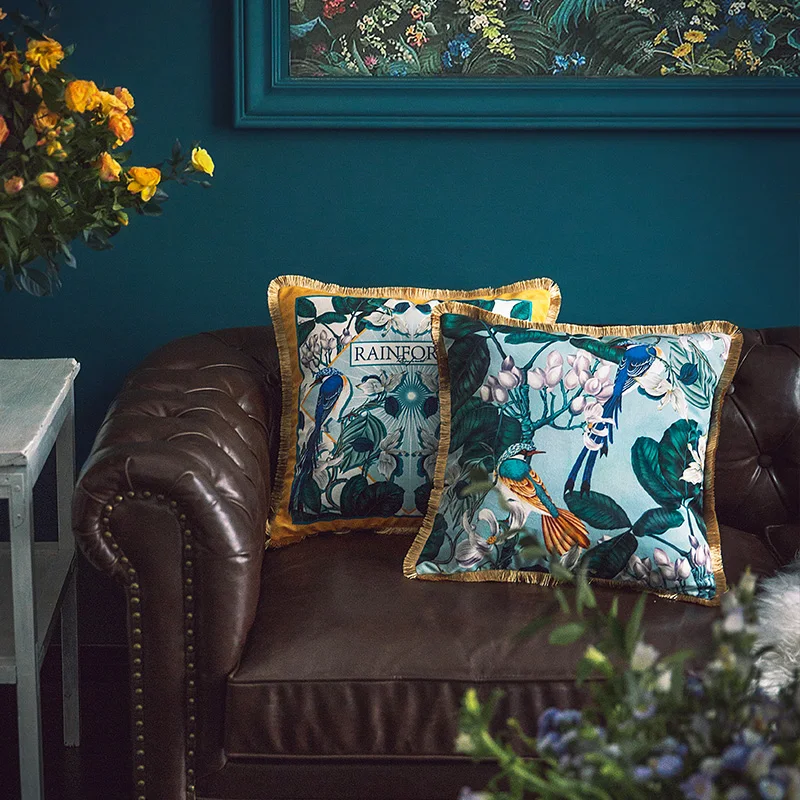 DUNXDECO Cushion Cover Decorative Pillow Case Artistic Antique Forest Bird Flora Luxury Velvet Tassel Sofa Chair Bedding Coussin