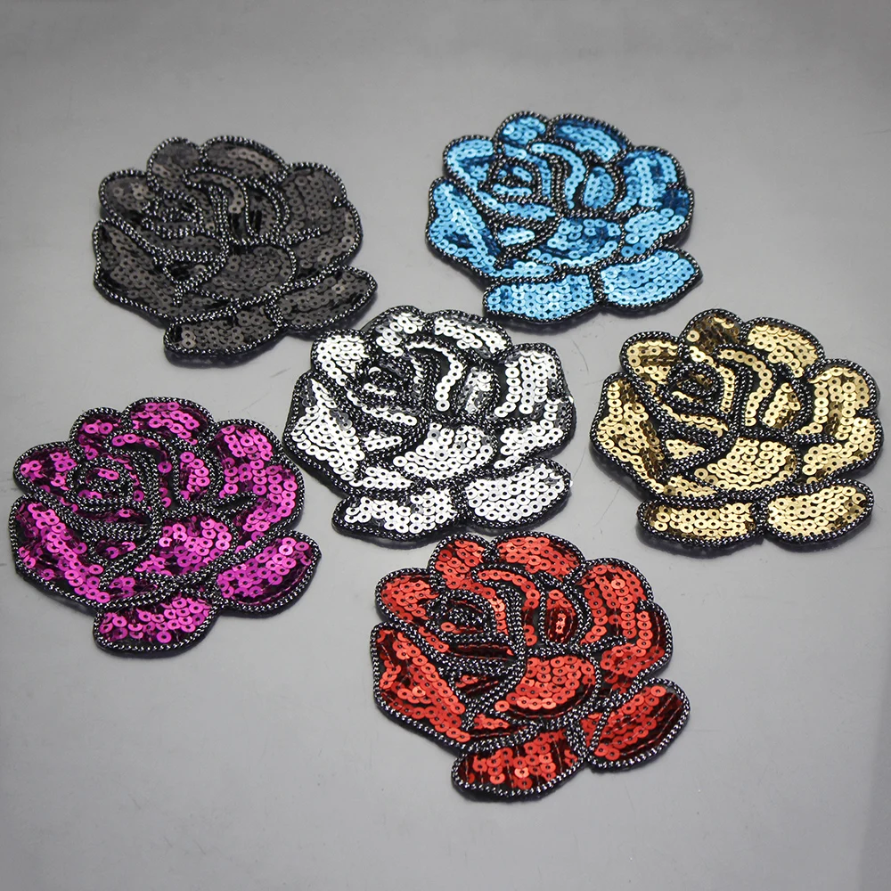 Patch Sew Applique Embroidery Flower Craft Iron Sequins Badge On Fabric Rose