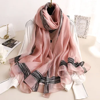 

2020 Solid Stripes Silk Scarf Women Soft Long Autumn Winter Scarves Fashion Shawls And Wraps High Quality Foulard Pashmina Hijab