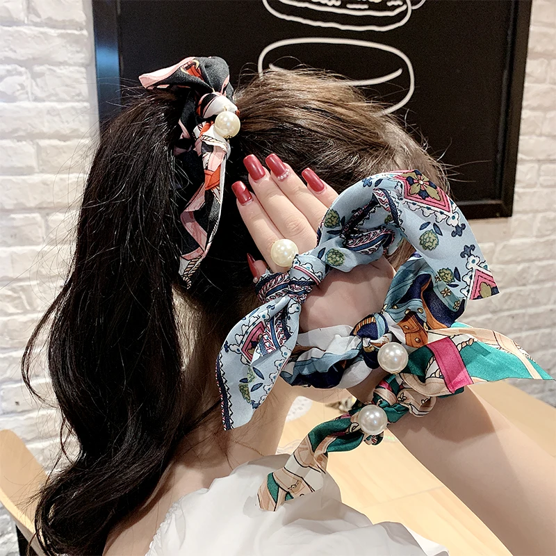 

New Chiffon Bow Printing Pearl Elastic Hair Band Women Elegant Ponytail Holder Rubber Bands Scrunchie Headbands Hair Accessories