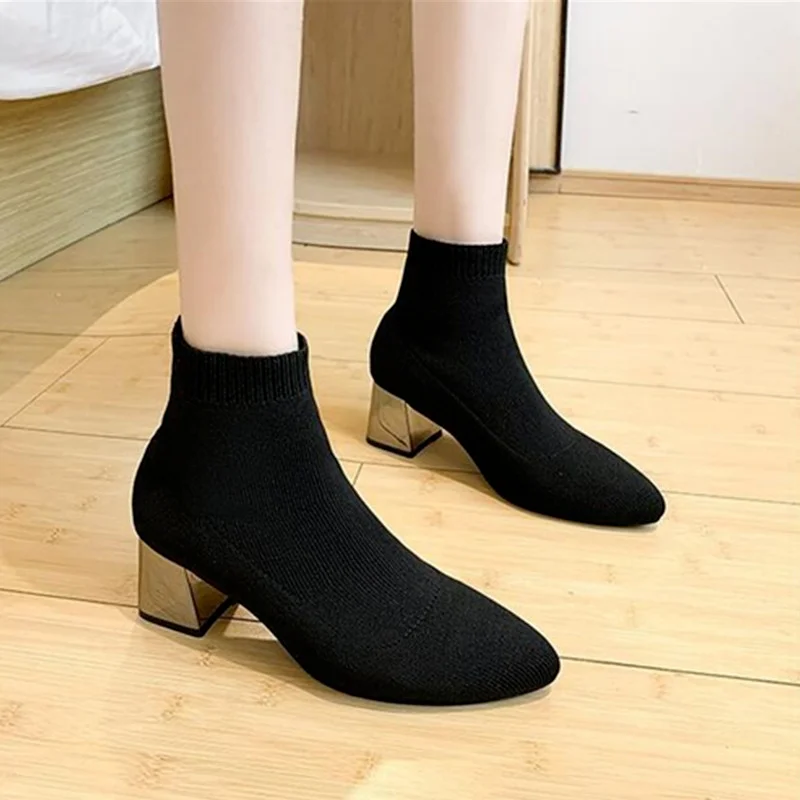 Luxury Style 2022 New Women Fashion Modern Boots Woman Sock Boots Stretch Fabric Breathable Shoes Ladies Loafers Heel High 5.5cm