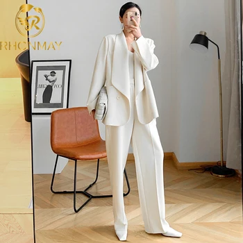 

Fashion Women Suits Office Lady Two Pieces Sets Solid White Elegant Loose Turn-down Collar Blazers Coat + Full Length Trousers