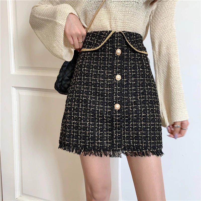 

Plaid Tweed Skirts Women Button Autumn Mini Pencil Skirts Winter Wool Skirts Korean Bodycon High Waist Elegant Tweed Skirt V621