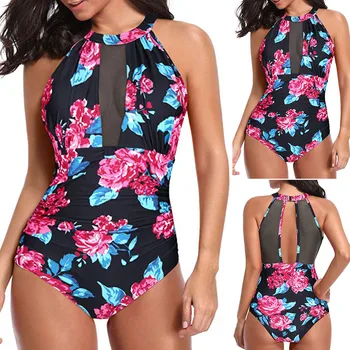 

2020 New Arrival Women's Jumpsuit Floral Printed Turtleneck V-Neck Bikini with Mesh Pleated Padded Swimming Suit Traje de baño