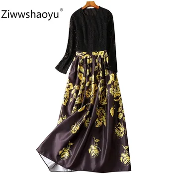 

Ziwwshaoyu Black Lace Patchwork Golden Flower Print Spring Summer Long Sleeve Maxi Dresses Women's High Quality Clothing