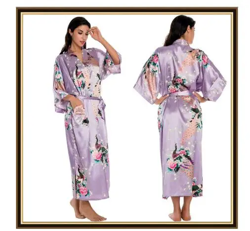 Half Sleeve Loose Style Woman Japanese Kimono Satin Silk Sleepwear Pajamas Peacock Spa Yukata Bathing Robe Lady's Long Dress